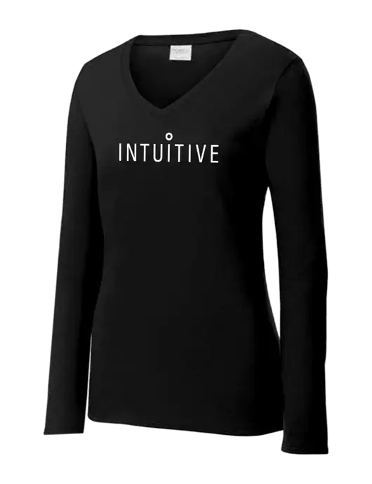 Womens V-Neck Ring Spun Jet Black 4.5 oz Long Sleeve T-Shirt w/Intuitive Logo