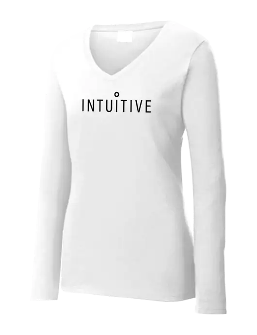 Womens  V-Neck Ring Spun White 4.5 oz Long Sleeve T-Shirt w/Intuitive Logo