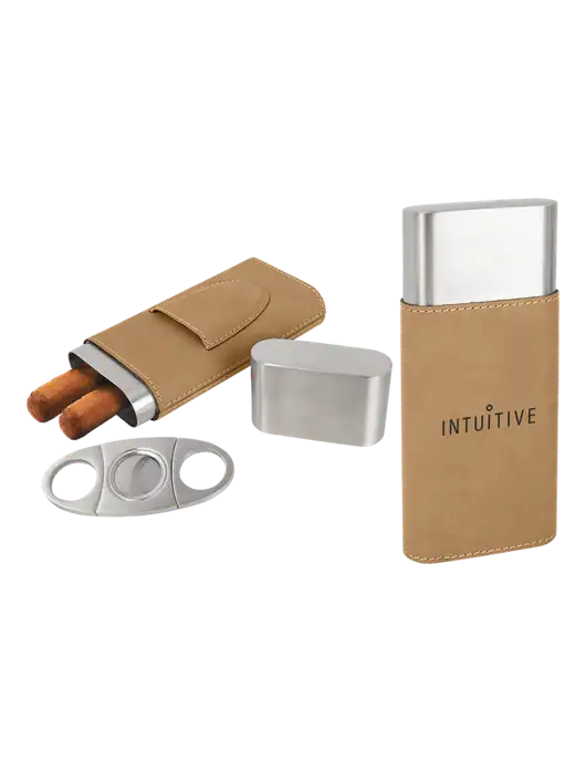 Tan Leatherette Cigar Case with Cutter w/Intuitive Logo