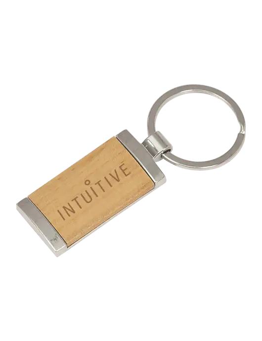 Wood & Silver Rectangle Keychain w/Intuitive Logo